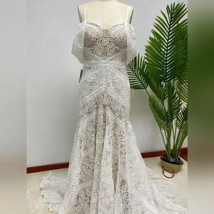 Sweetheart Boho Lace Off Shoulder  Wedding Dress - Ivory & Nude Lining